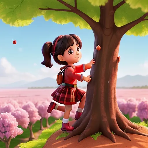 a girl standing next to a tree in a field