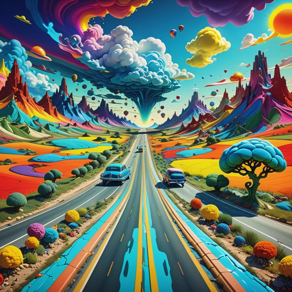 a painting of a road with cars driving down it