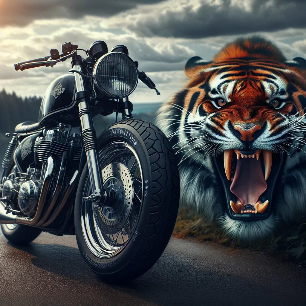 A sporty retro bike and a tiger illuminated by neon lights embark on a night adventure