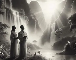 a black and white photo of two people standing in front of a waterfall