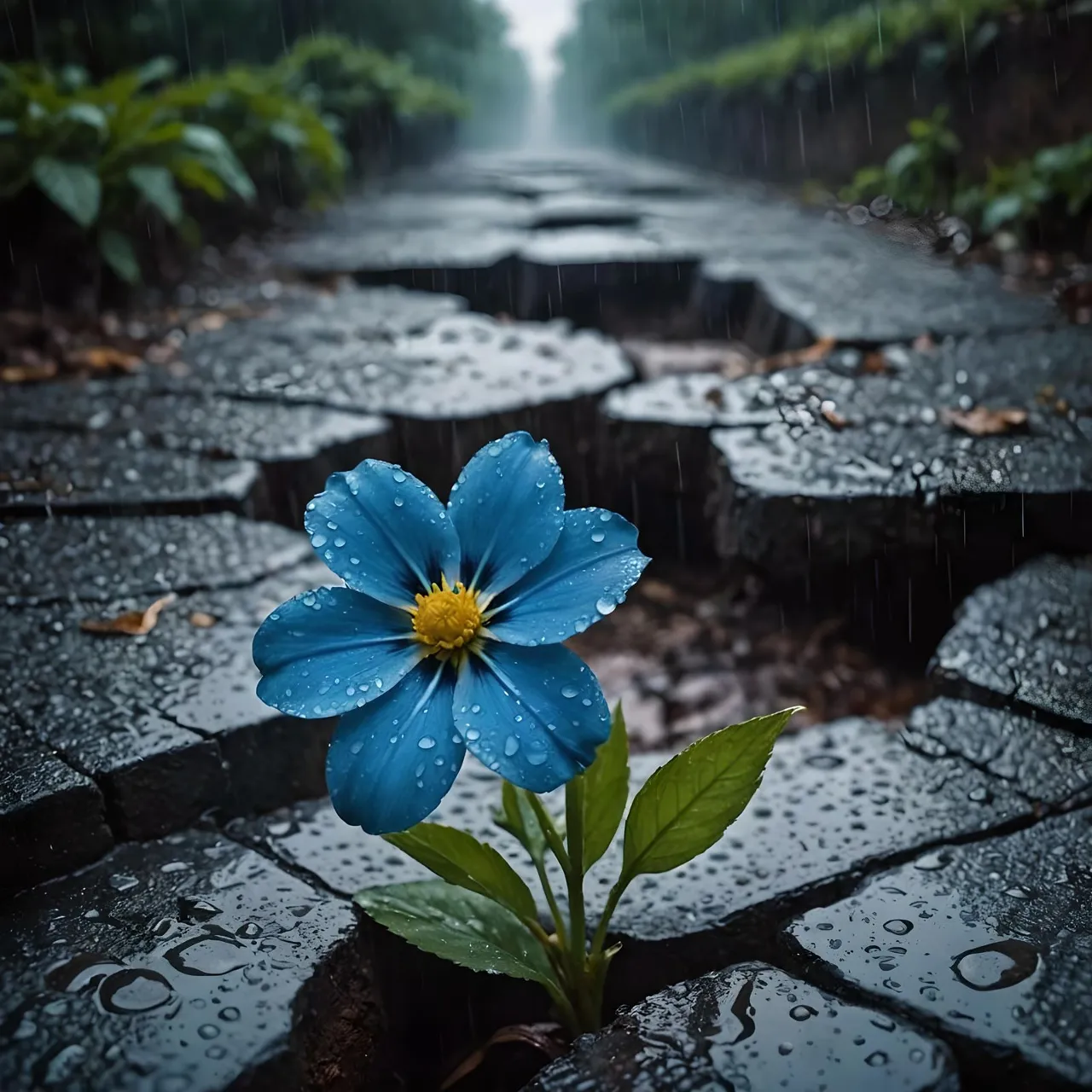 A close-up shot of a blue flower, surrounded by raindrops on a reflective surface