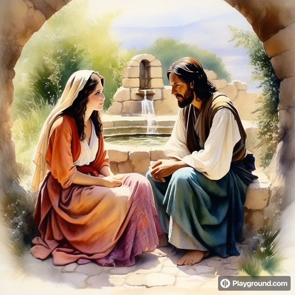 a painting of jesus talking to a woman