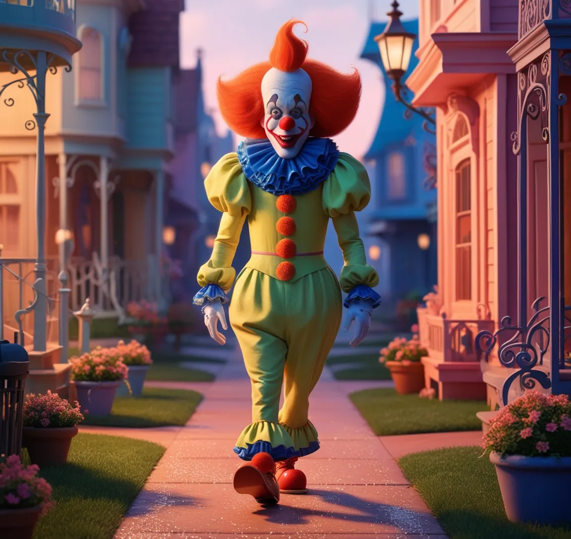 a creepy clown is walking down a sidewalk