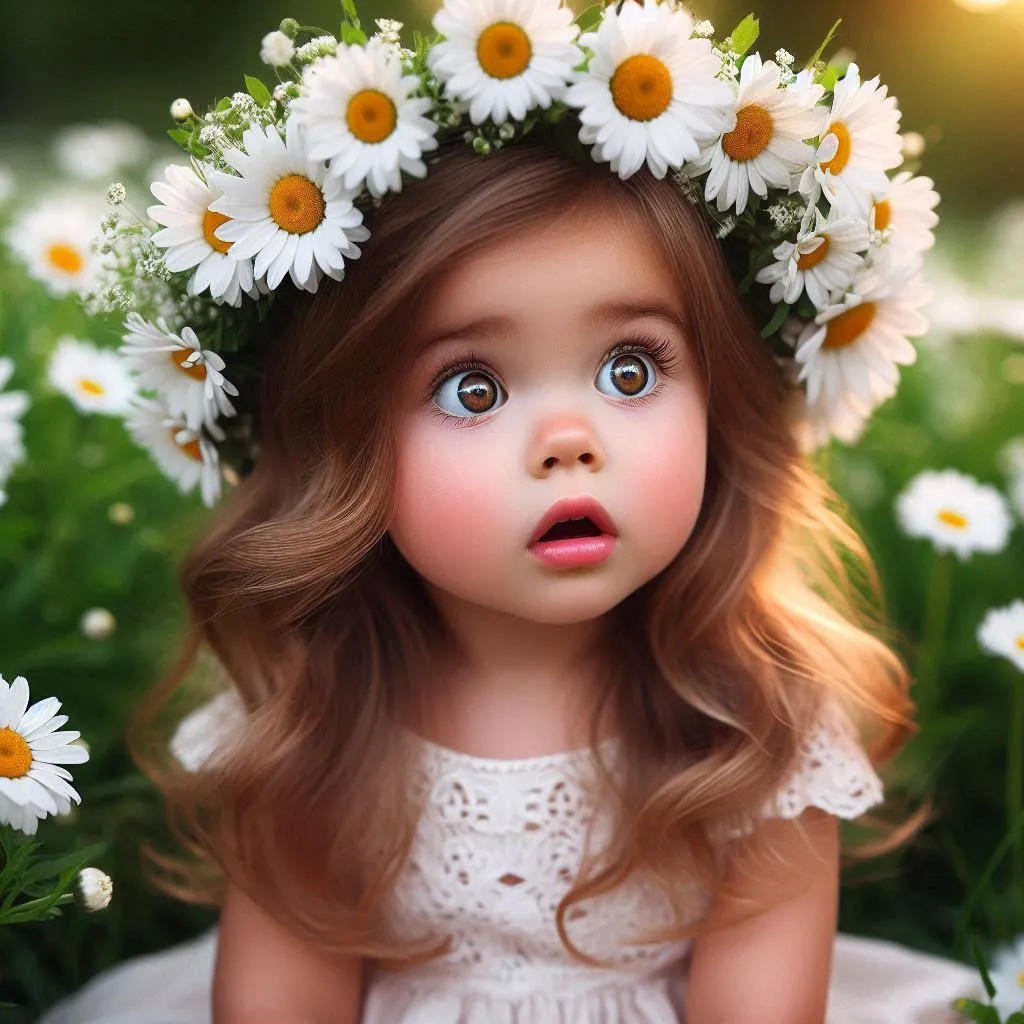 a little girl with a wreath of daisies on her head  the background is stationary. Only the movement of the girl's head, eyes and lips.