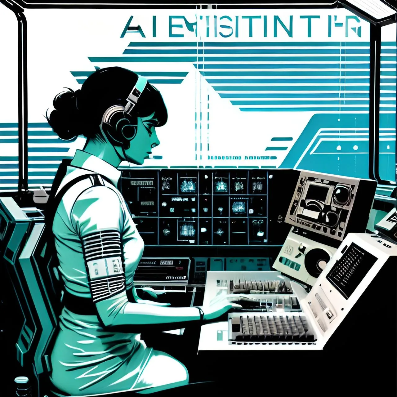 a woman sitting in front of a control panel