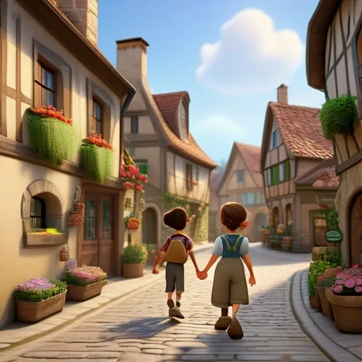 a couple of kids walking down a street