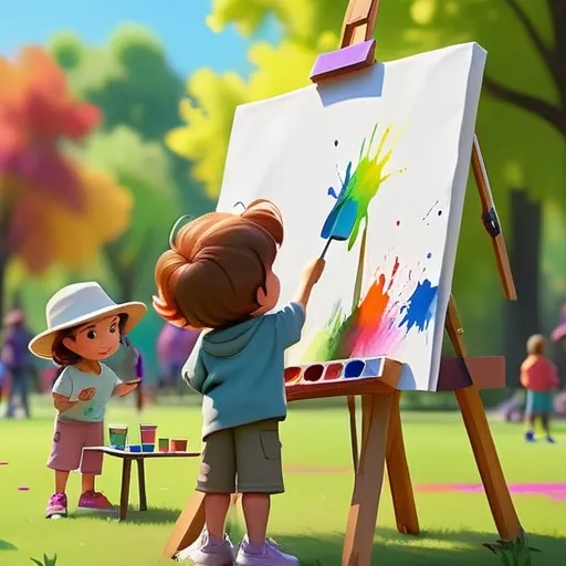 a little girl painting a picture on a easel