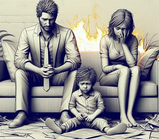 a family sitting on a couch in front of a fire