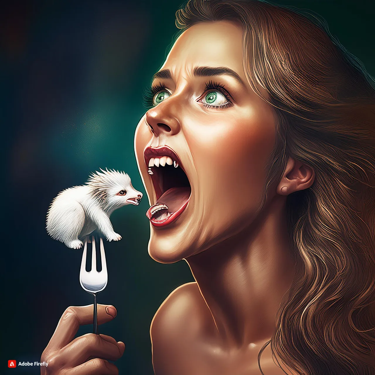 a woman holding a fork, scared animal