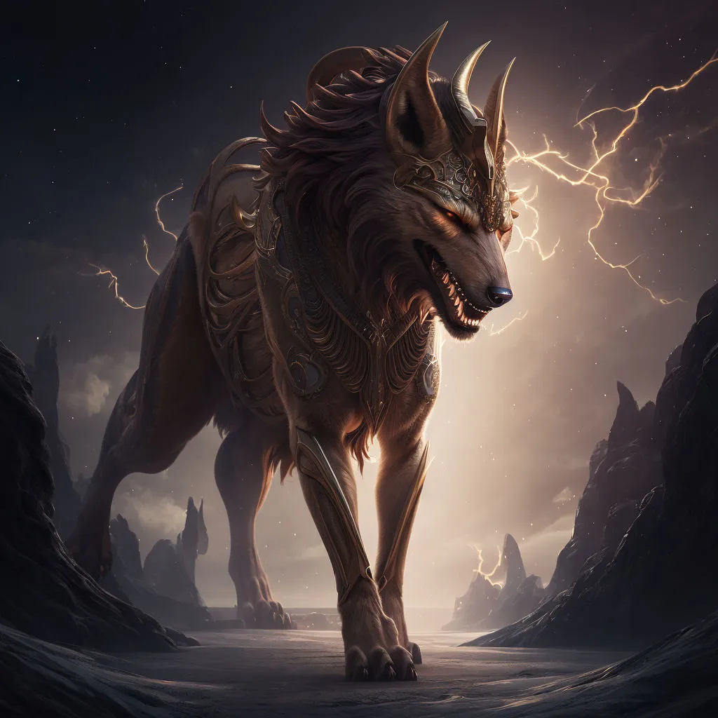 a painting of a wolf with lightning in the background