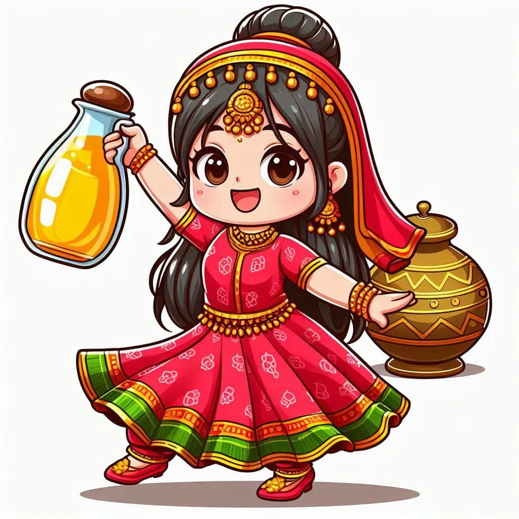 a little girl in a red dress holding a jar of honey