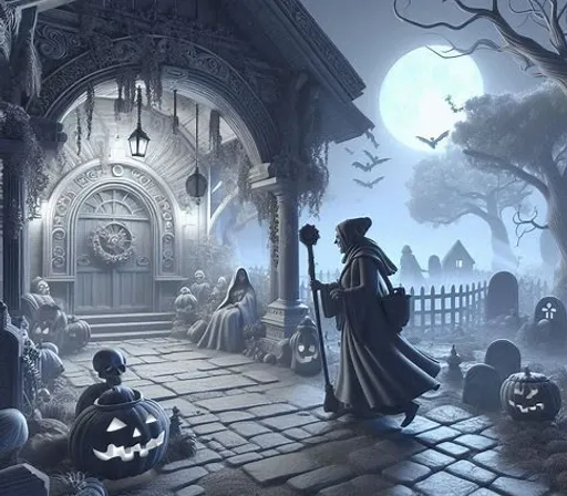 a halloween scene with a wizard and pumpkins