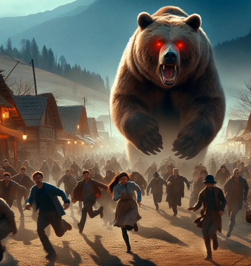  crowd of people running away from a large brown bear with red eyes