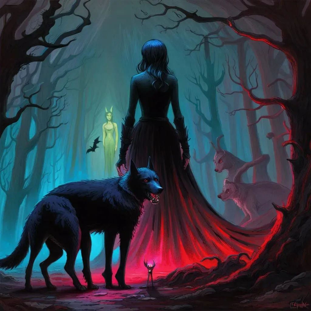 a woman standing next to a dog in a forest