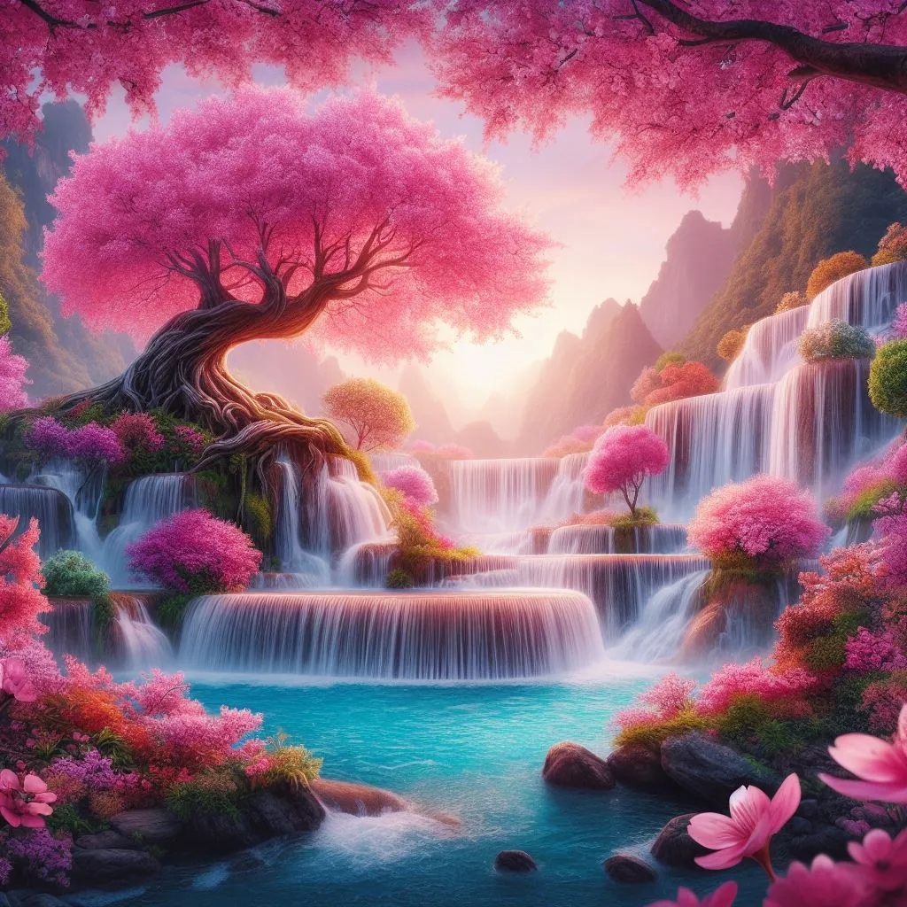 a painting of a waterfall with pink flowers