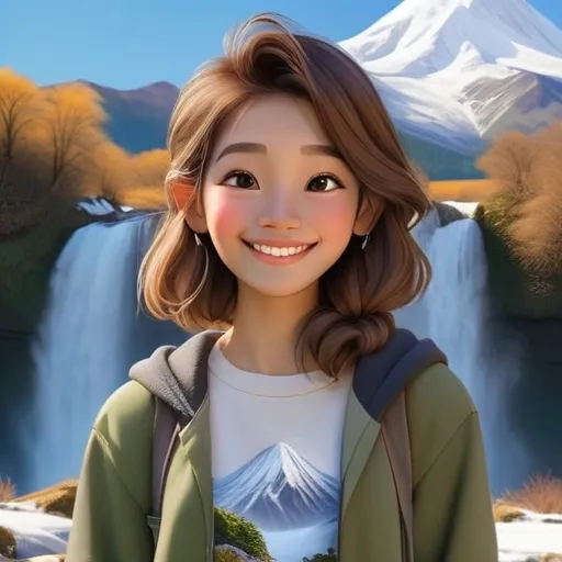 A breathtaking natural landscape, such as a waterfall or a snow-capped mountain.  The spectator's smile arises from the beauty of nature.