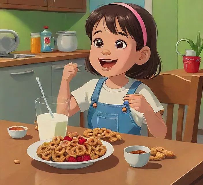 a little girl sitting at a table with a plate of cereal