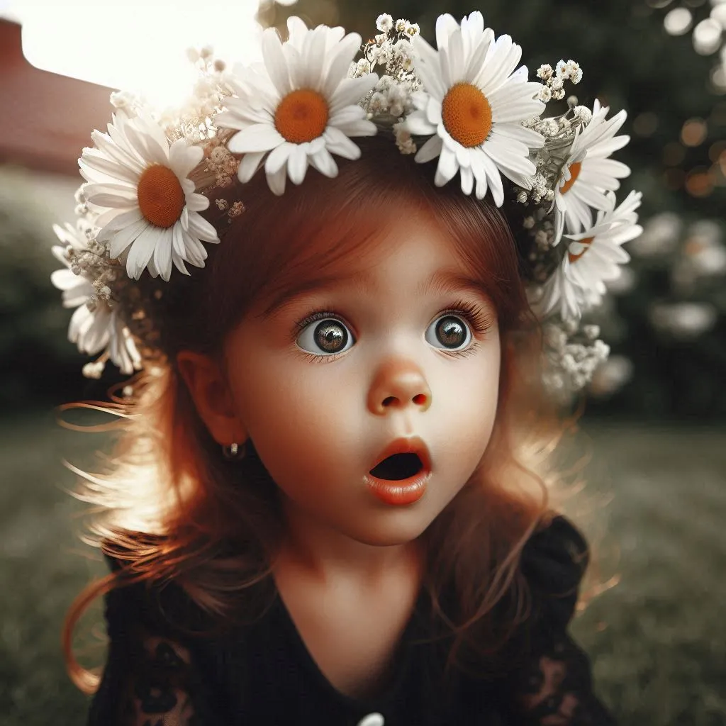 A 4-year-old girl with big and surprised eyes, beautiful, with plump cheeks and slightly parted lips with a wreath of daisies on her head sits on the lawn and looks at the flowers