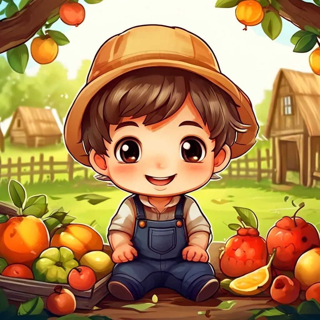 a little boy sitting under a tree surrounded by fruit