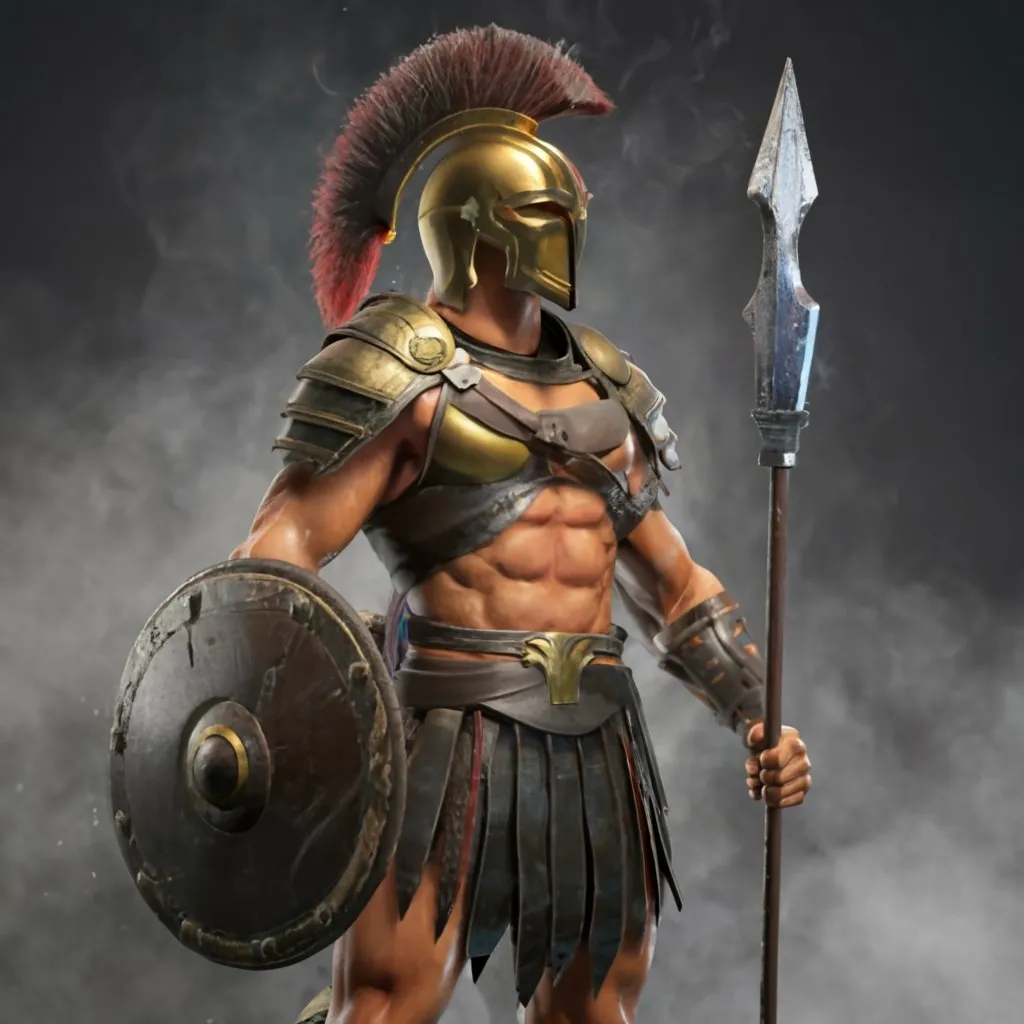 a man in a spartan costume holding a spear and a shield