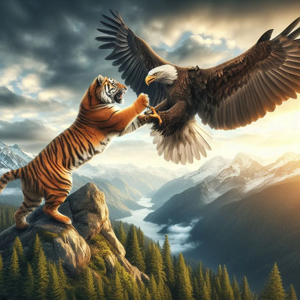 a tiger and an eagle fighting over a mountain