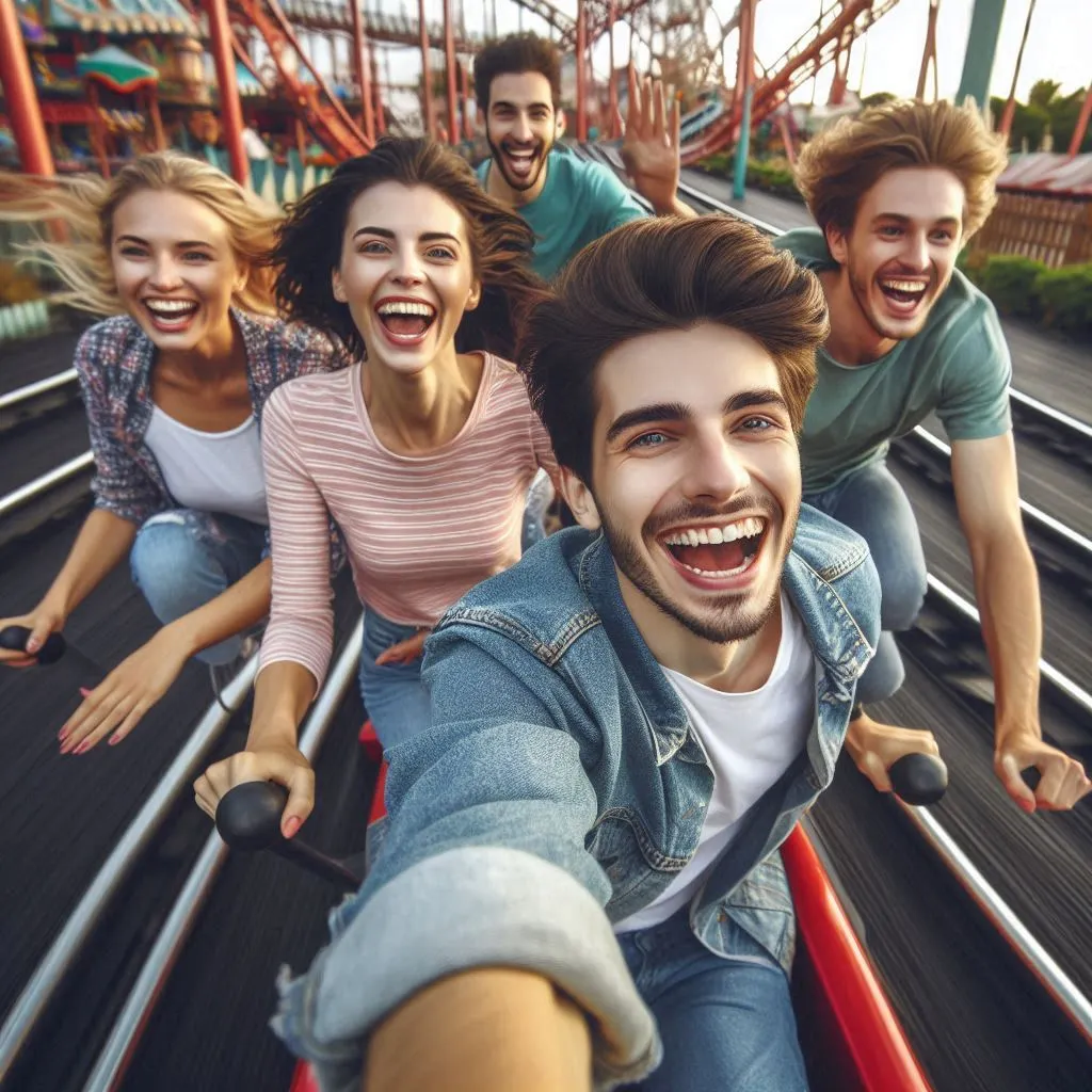 Tracking shot following a group of friends as they race through the  amusement park, capturing their joyous expressions.