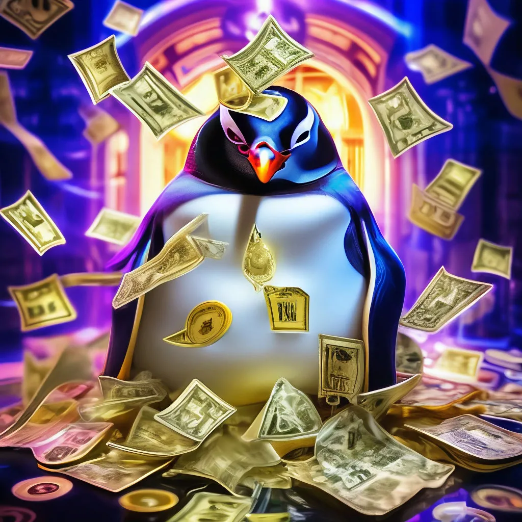 a penguin sitting on top of a pile of money