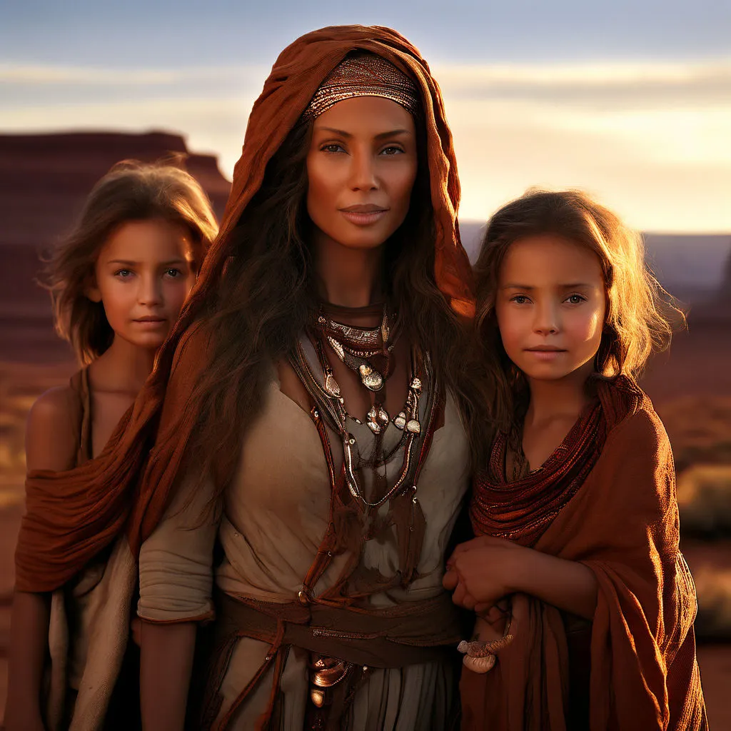 a woman and two young girls standing in the desert