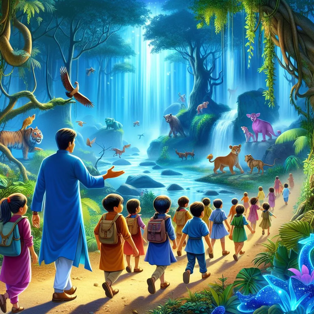 Create an image depicting man in blue dress leading a group of eager children on a path through an enchanted jungle filled with talking animals, exotic plants glowing with bioluminescence, and mystical waterfalls whose water sparkles with magical properties.