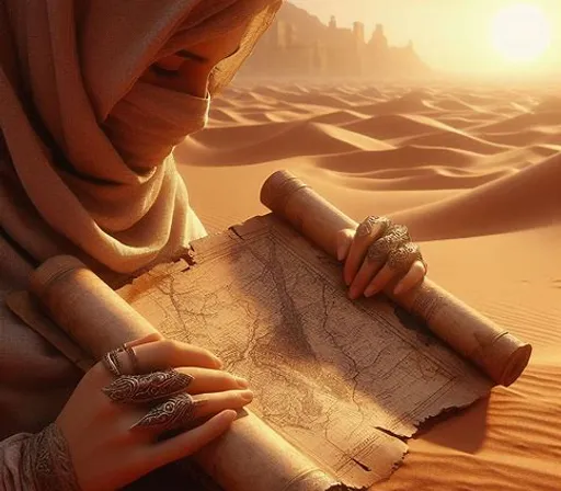 a woman in a desert with a map