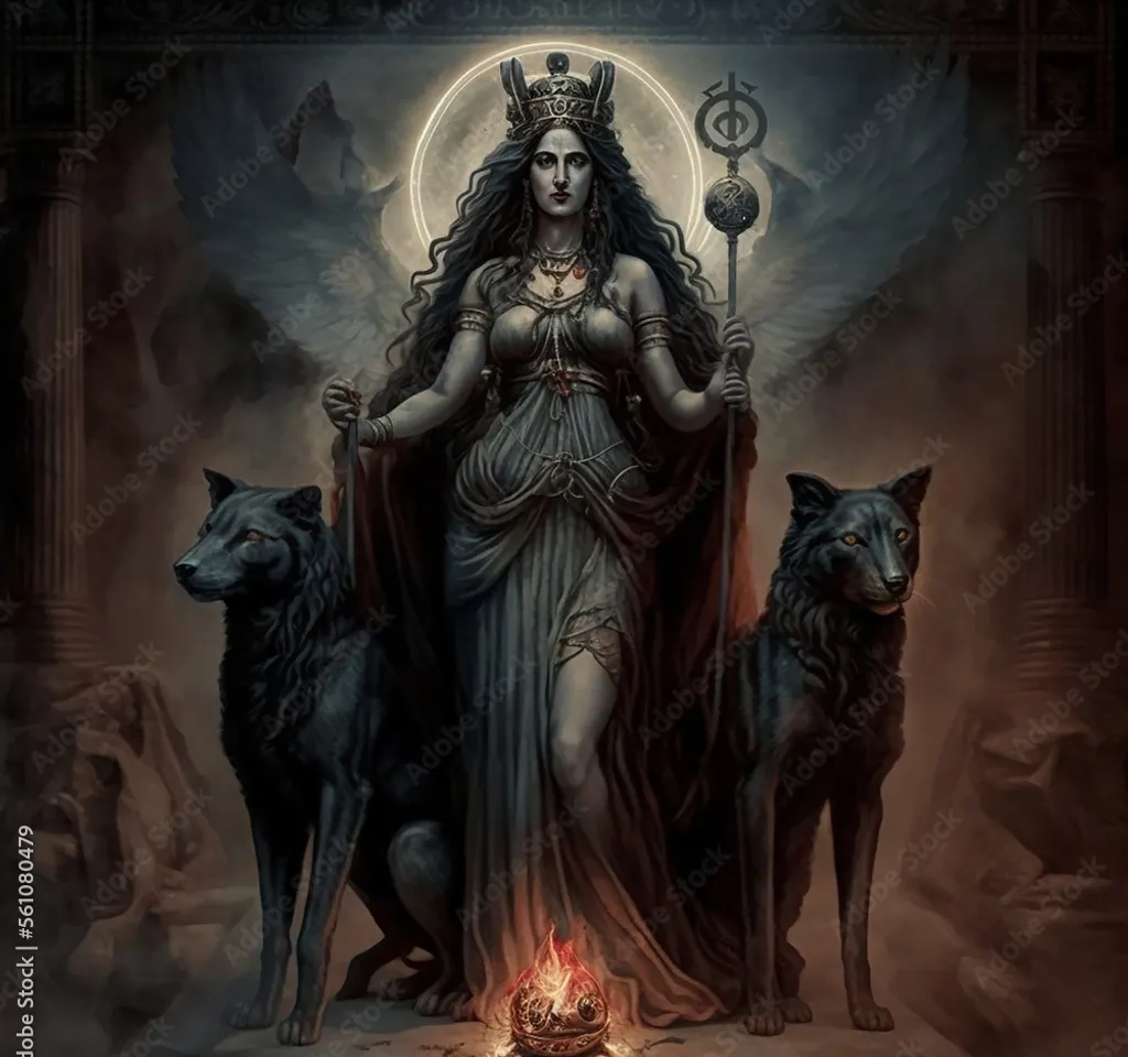 a painting of a woman with three wolfs