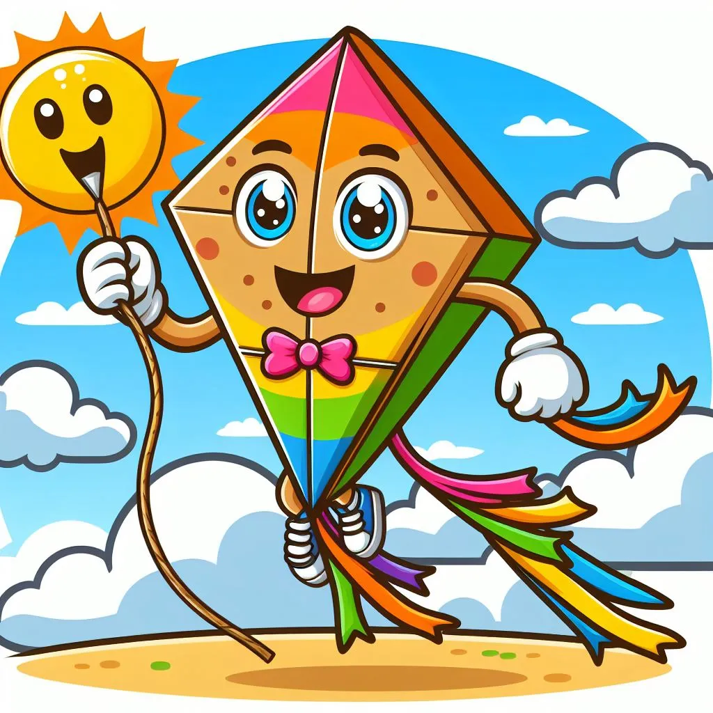 a cartoon kite with a smiling face holding a string