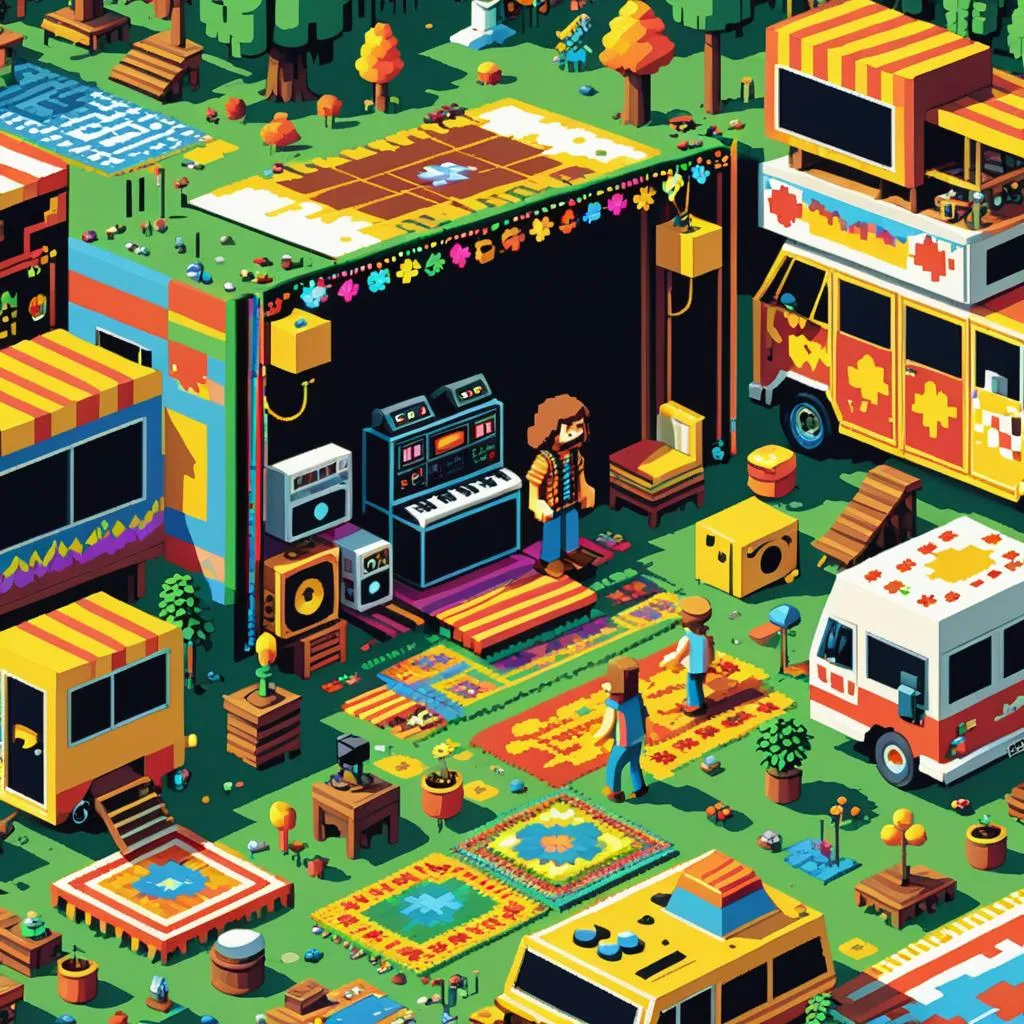 a colorful illustration of a festival with a bus, bus stop, and picnic tables