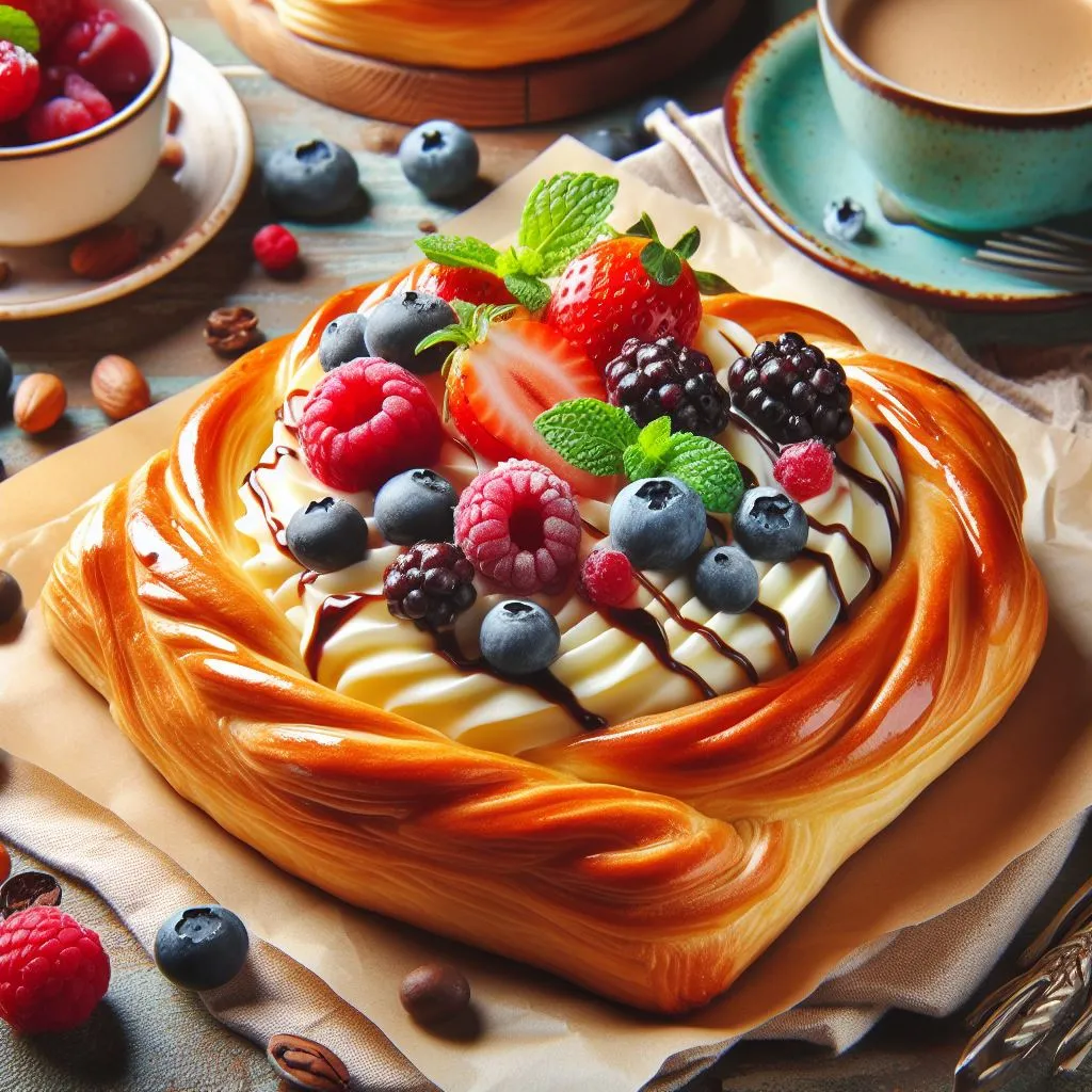 a cake with fruit on top of it on a table ,cream melted