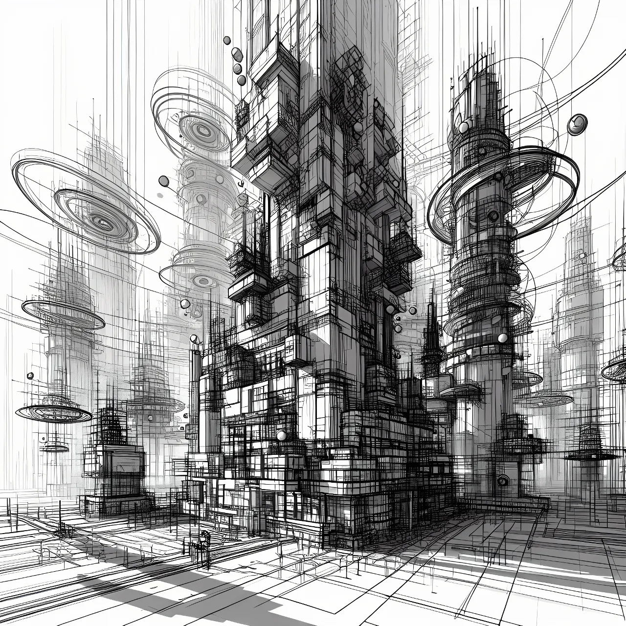 a black and white drawing of a futuristic city