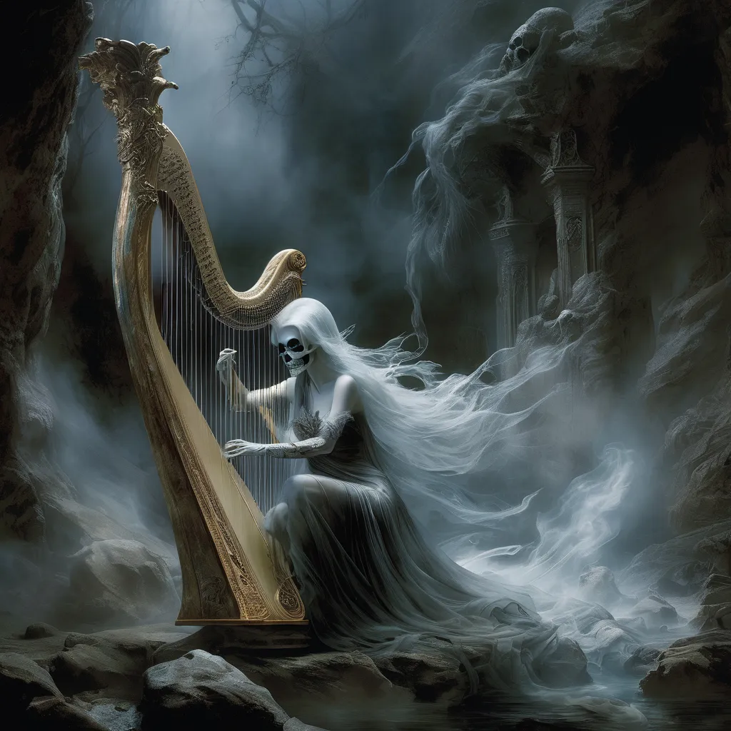 a painting of a woman playing a harp