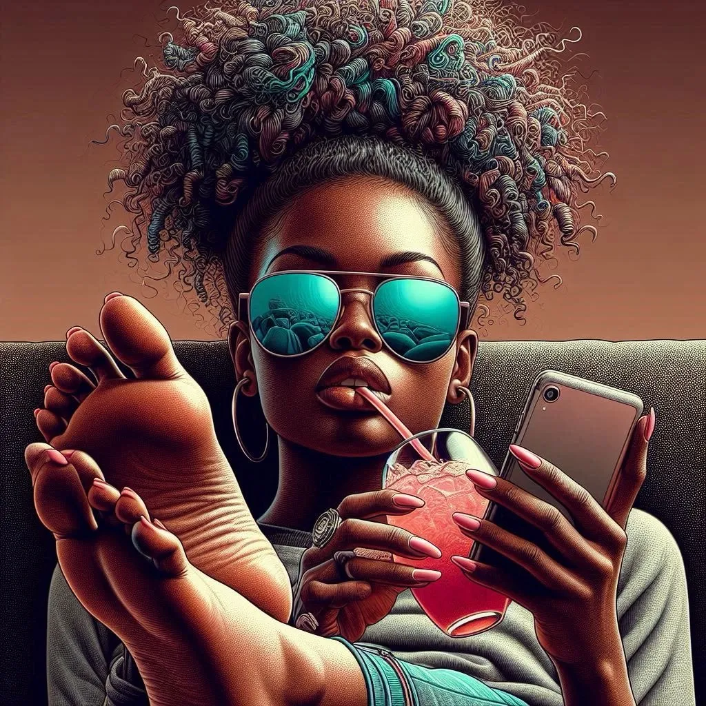 the girl moves her fingers and nods her head. smiles at her phone while sipping a drink, looking completely
unbothered with their feet up she wiggles her toes, scrolling through their phone. sitting on a sofa... make is stylish and very detailed teal, pink, advertising style