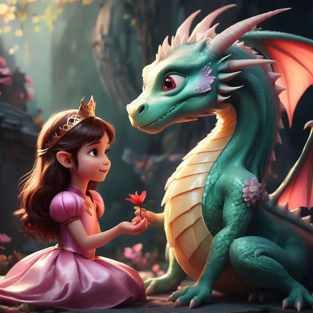 a little girl sitting next to a green dragon