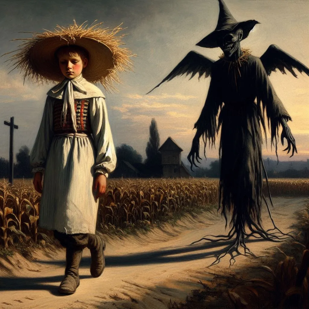 a painting of a scarecrow and a scarecrow in a cornfield