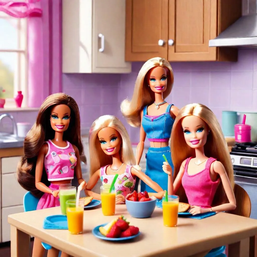 a group of barbie dolls sitting around a table