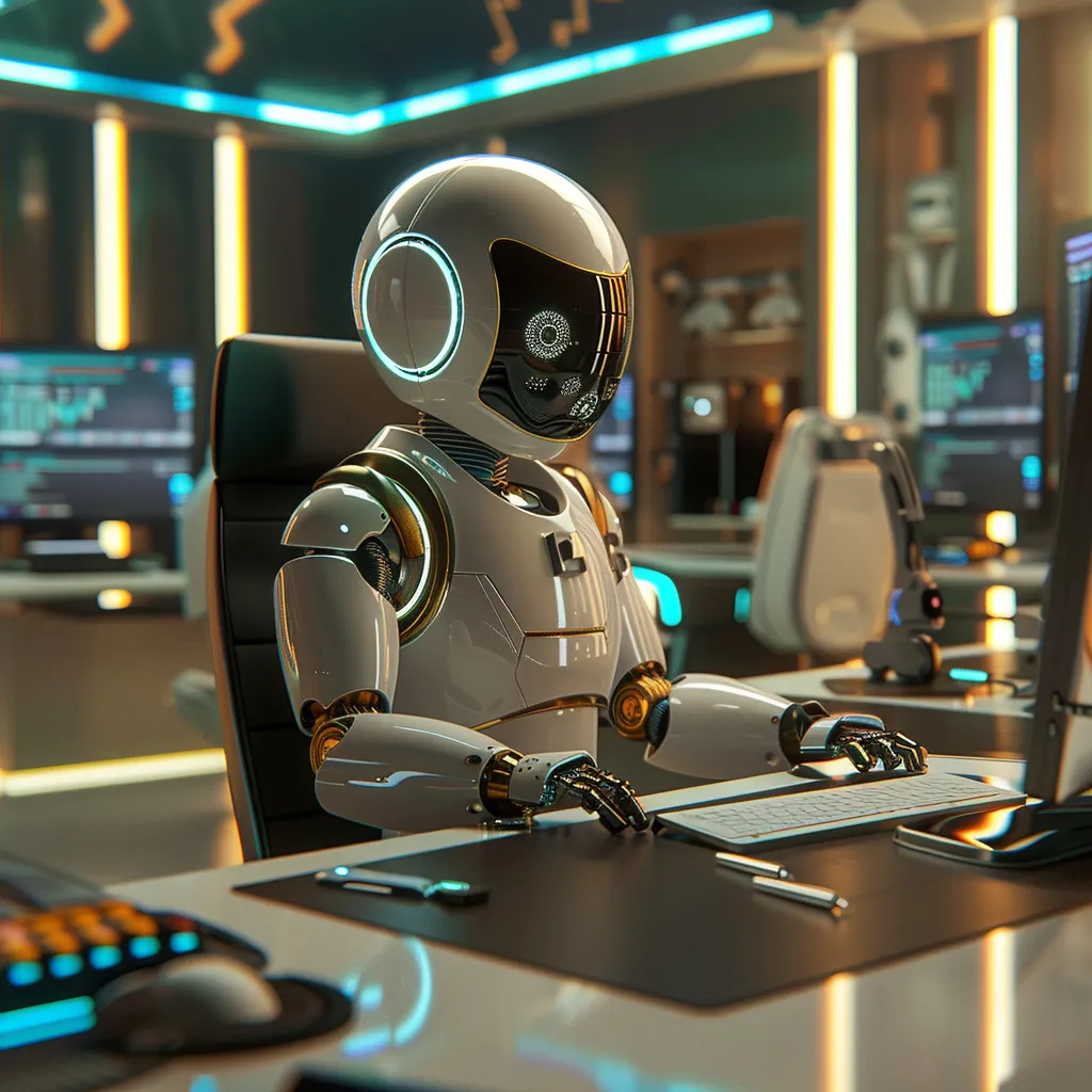 a robot sitting at a desk in front of a computer