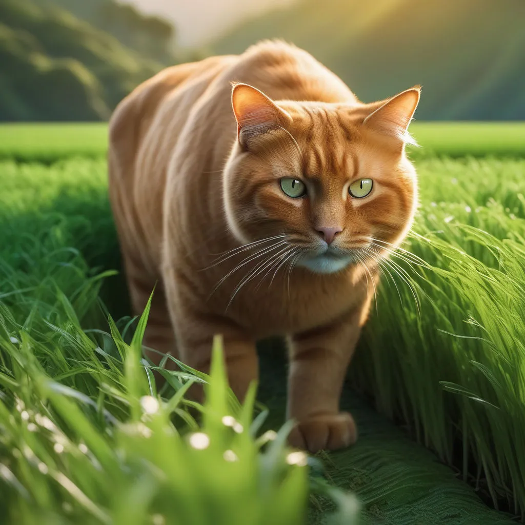 a cat walking through a lush green field