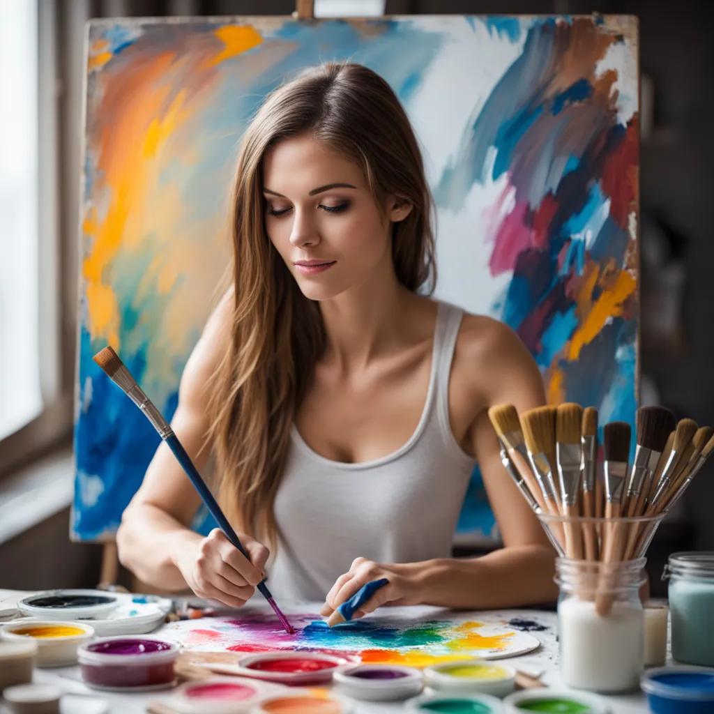 a woman sitting at a table with paint and brushes