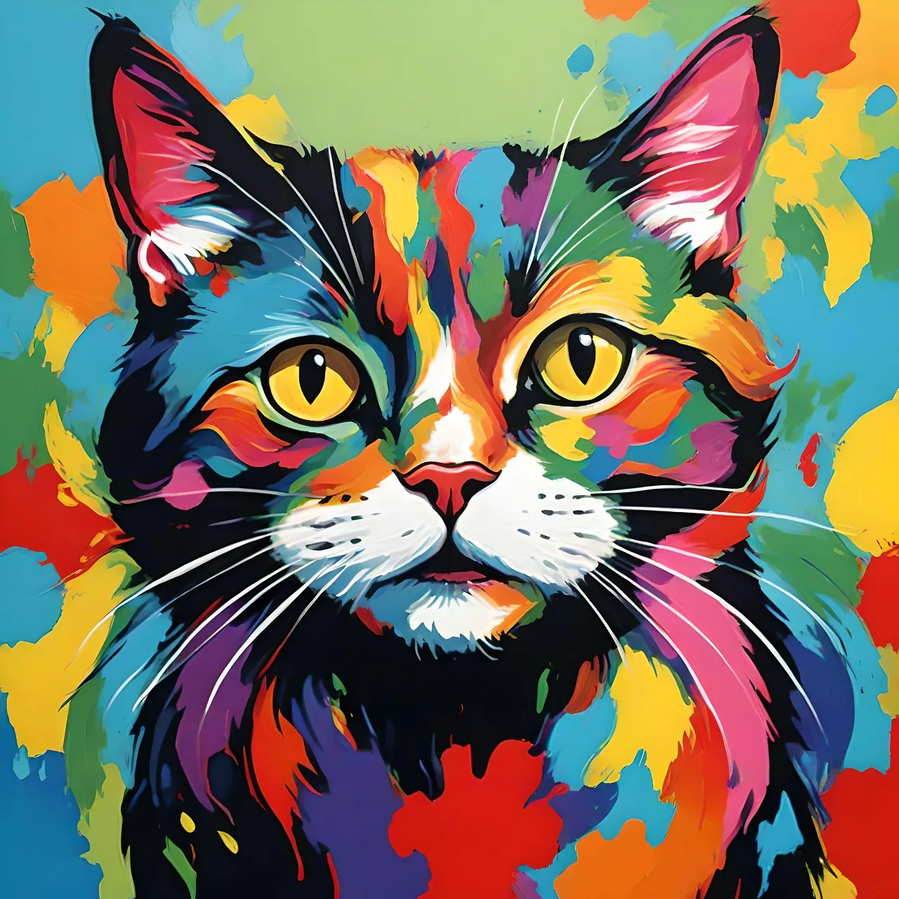 a colorful painting of a cat with yellow eyes