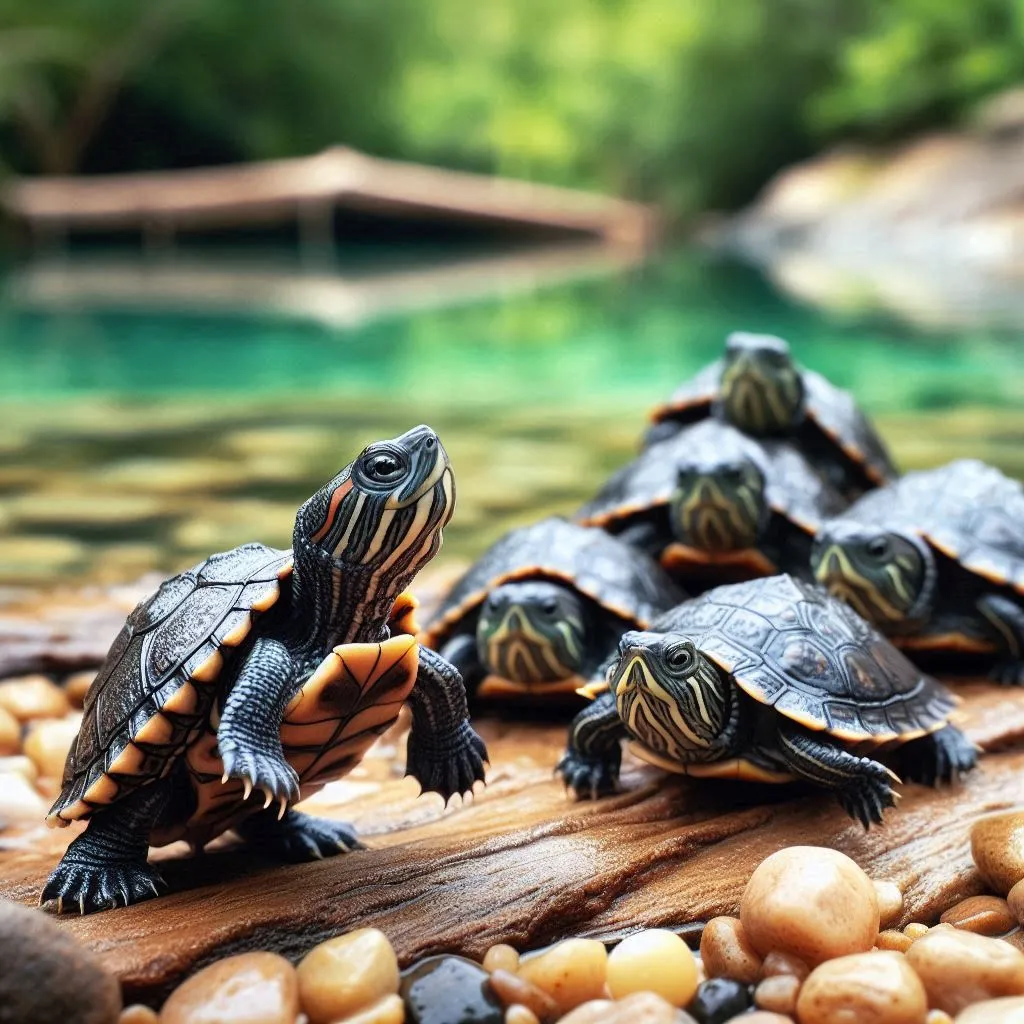 a group of turtles sitting on top of a wooden log