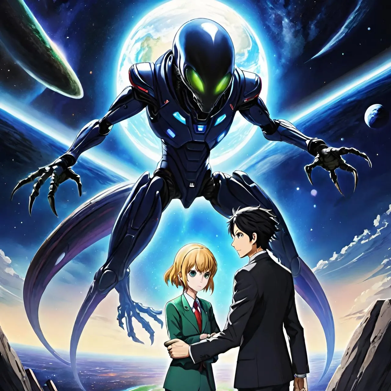 a man and a woman standing next to each other in front of a giant alien