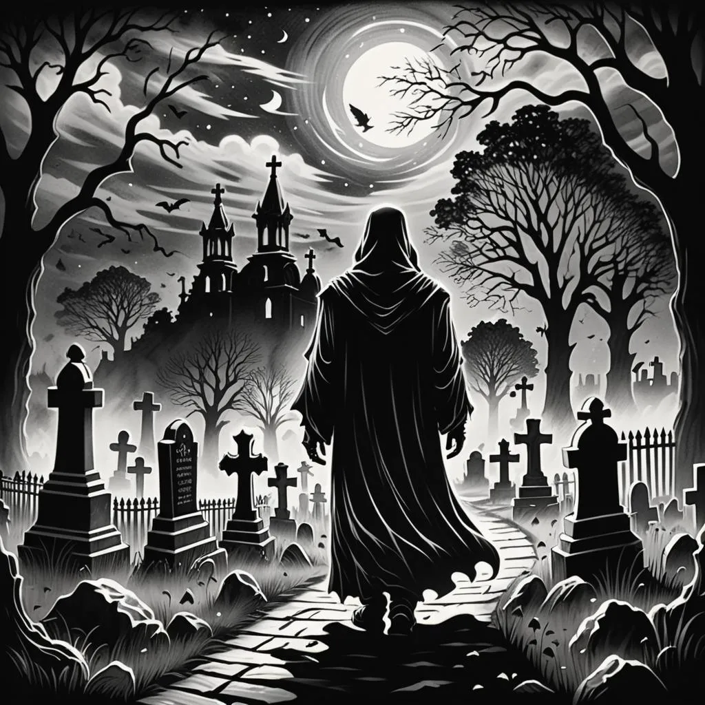 a black and white drawing of a person in a cemetery