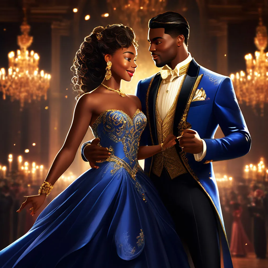 a man and a woman dressed in blue and gold dancing at a party