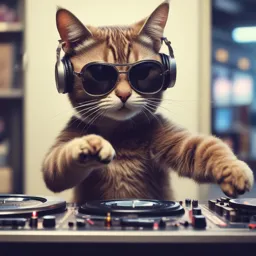 a cat wearing headphones and sunglasses playing music