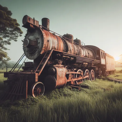 an old rusty train sitting in the middle of a field; photo realistic; cinematic footage 